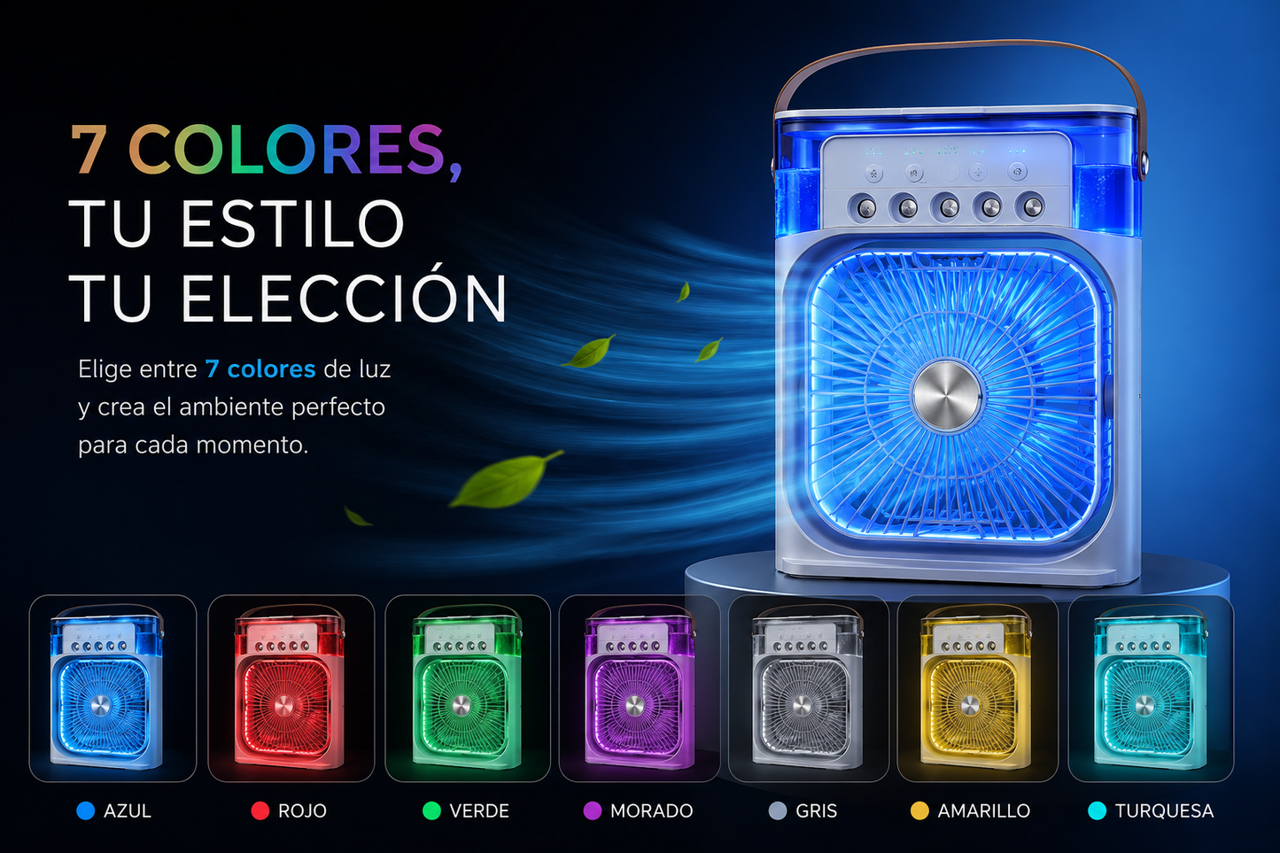 Ventilador de Aire Frío con Pulverizadores de Agua y Luz RGB